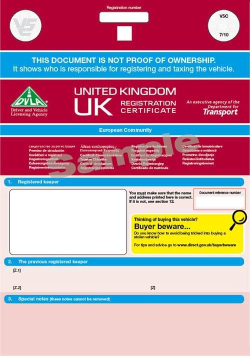 UK vehicle registration logbook V5C