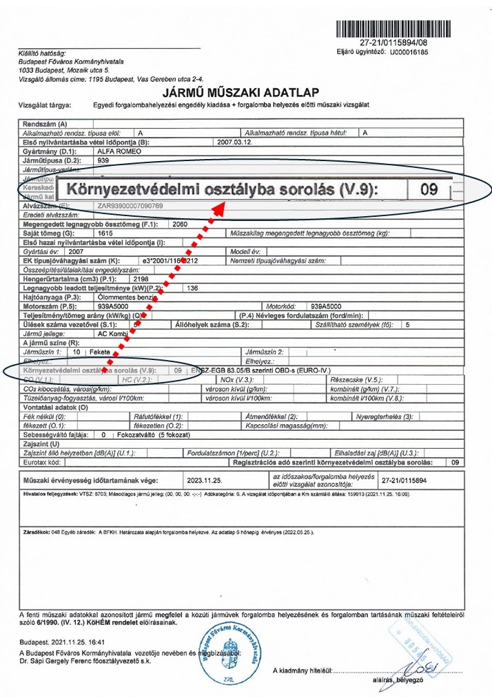 Környezetvédelmi osztályba sorolás (EURO besorolás) a Műszaki Adatlapon